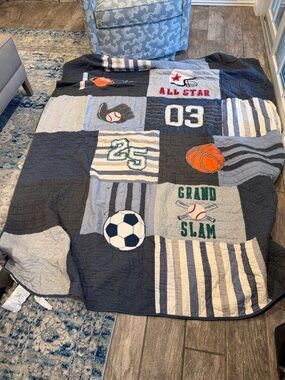 Pottery Barn Kids- Sports Patchwork Quilted Throw - Gray, Navy & White